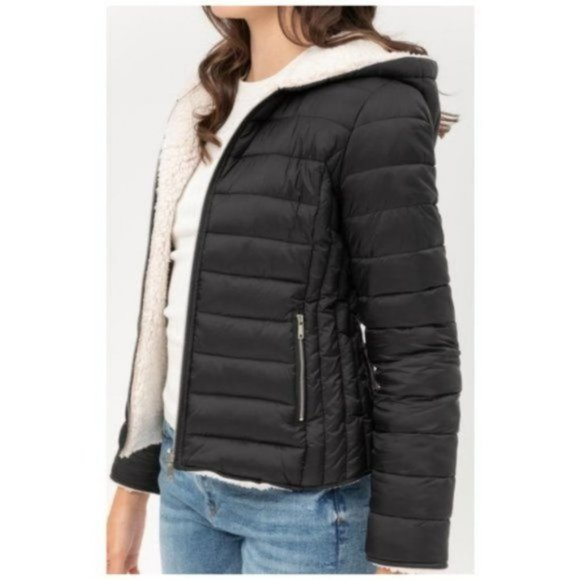 🆕 Reversible Puffer Coat - Faux Sherpa Fleece Hooded Puffer Jacket - Picture 3 of 3
